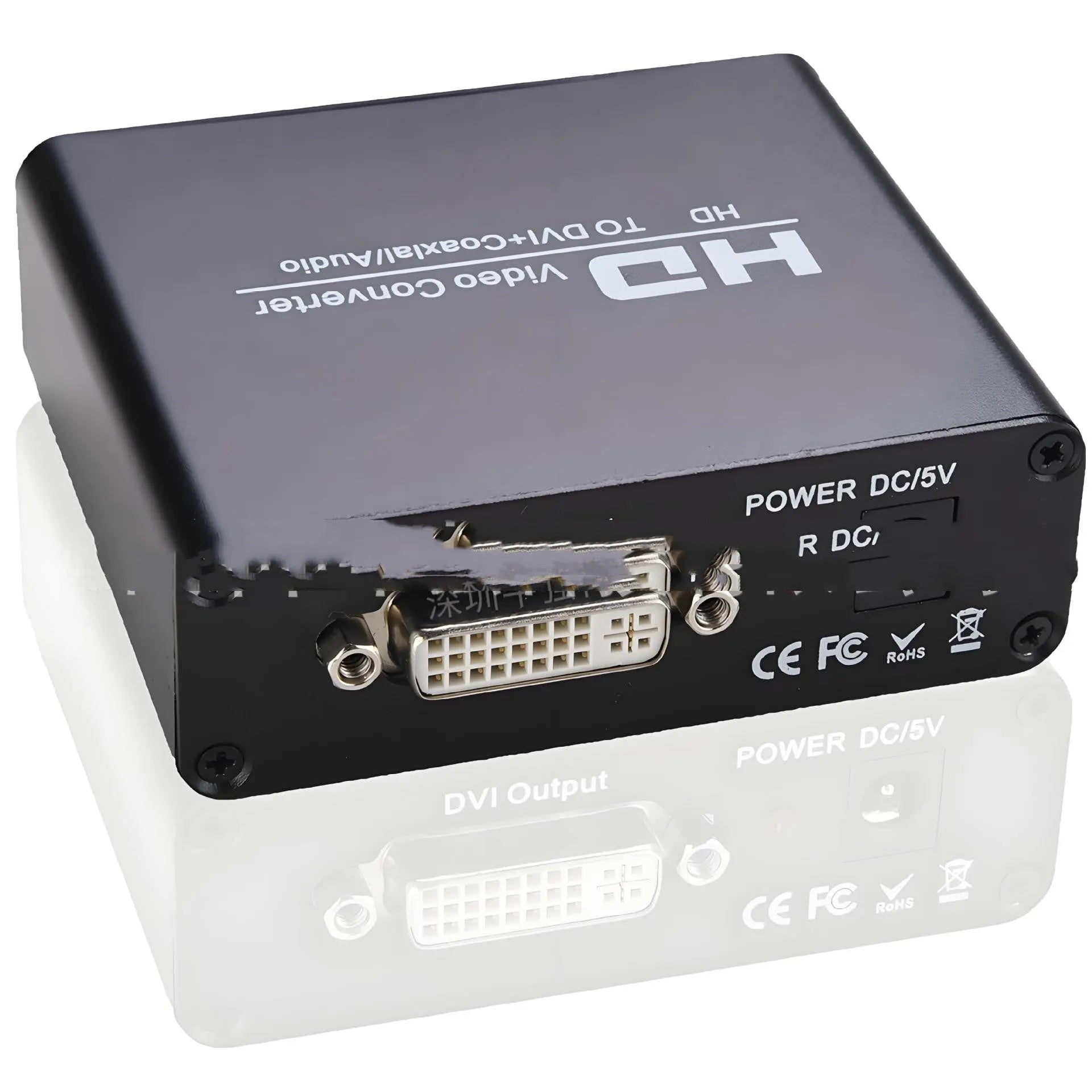 Black HDMI to DVI converter with coaxial audio output port and 1.5 metre attached cable