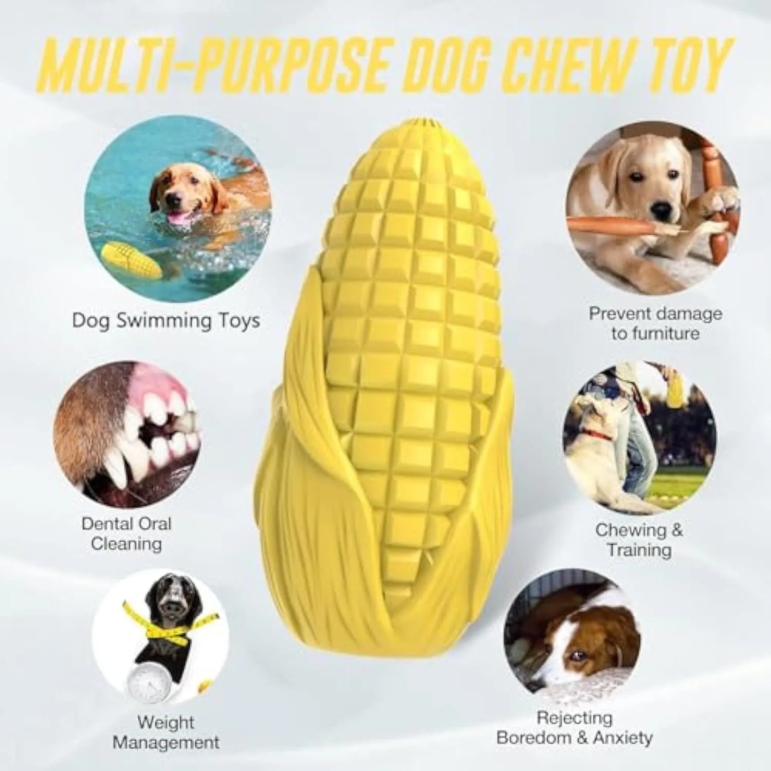 Blue and yellow corn-shaped durable dog chew toy for large breeds with a squeaker.