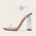 Apricot coloured women's high heel sandals with glass heels, round toe, and a buckle strap.