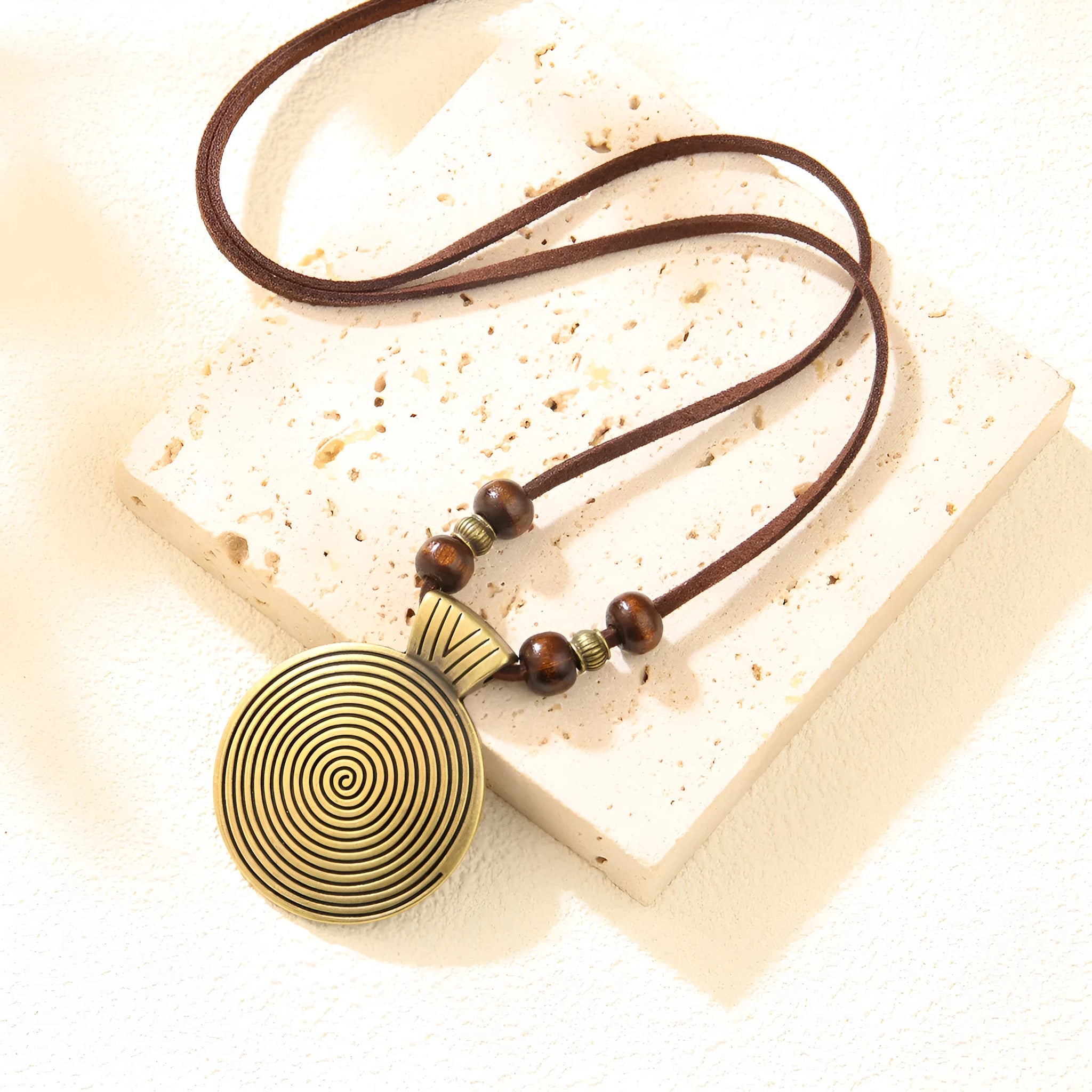 Alloy cowhide string ethnic pendant necklace with geometric auspicious pattern, 20CM drop, unisex Chinese style, bronze coffee beads