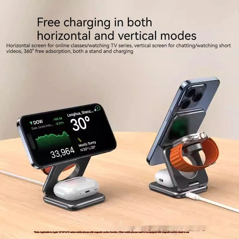 Foldable black magnetic wireless charging phone holder mounted on a car dashboard.