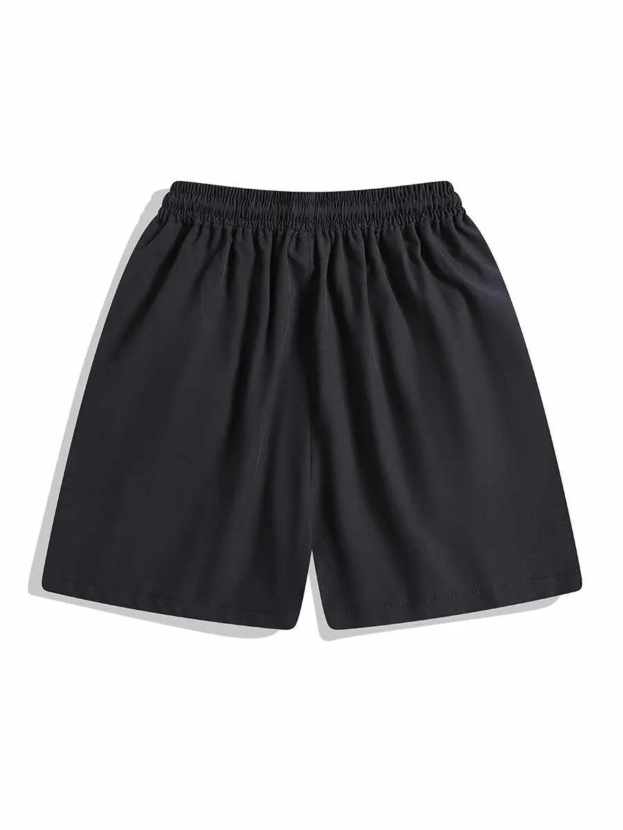 Black and grey loose-fit quick-drying sports shorts with elastic waistband above knee length
