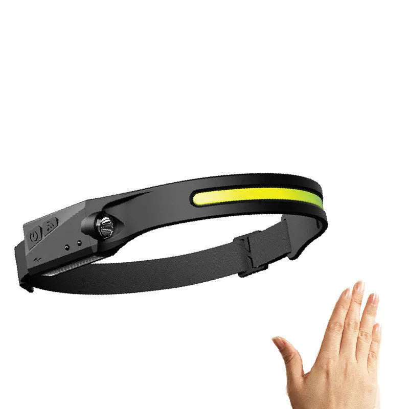 COB LED induction headlamp with wide beam and side LED for long-distance lighting, USB rechargeable, silicone build