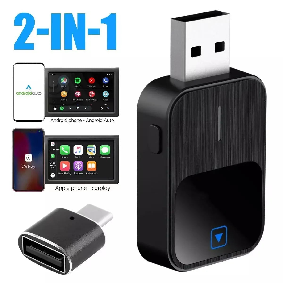 Carplay Box Android Auto two-in-one USB interconnection device in black, 2.5x4.9x1.0cm metal ABS construction