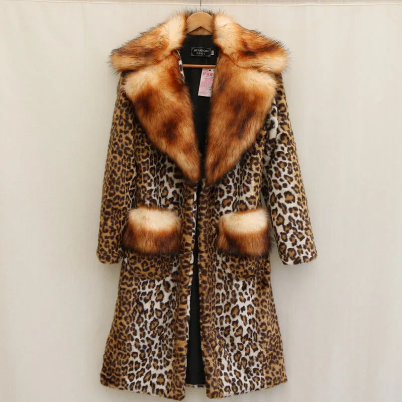 Women's leopard print artificial fur jacket with regular sleeves showing 80cm length