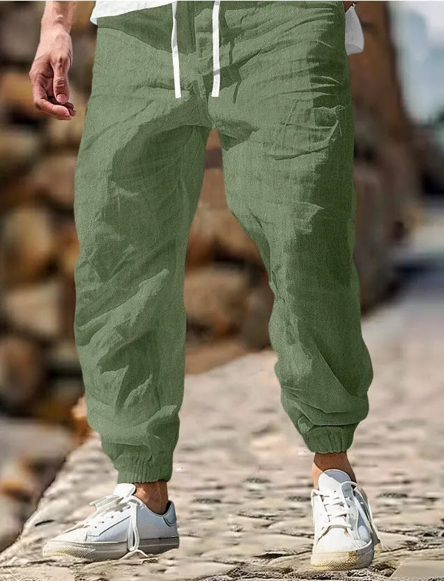 Men's straight leg linen trousers in Army Green with elastic waistband