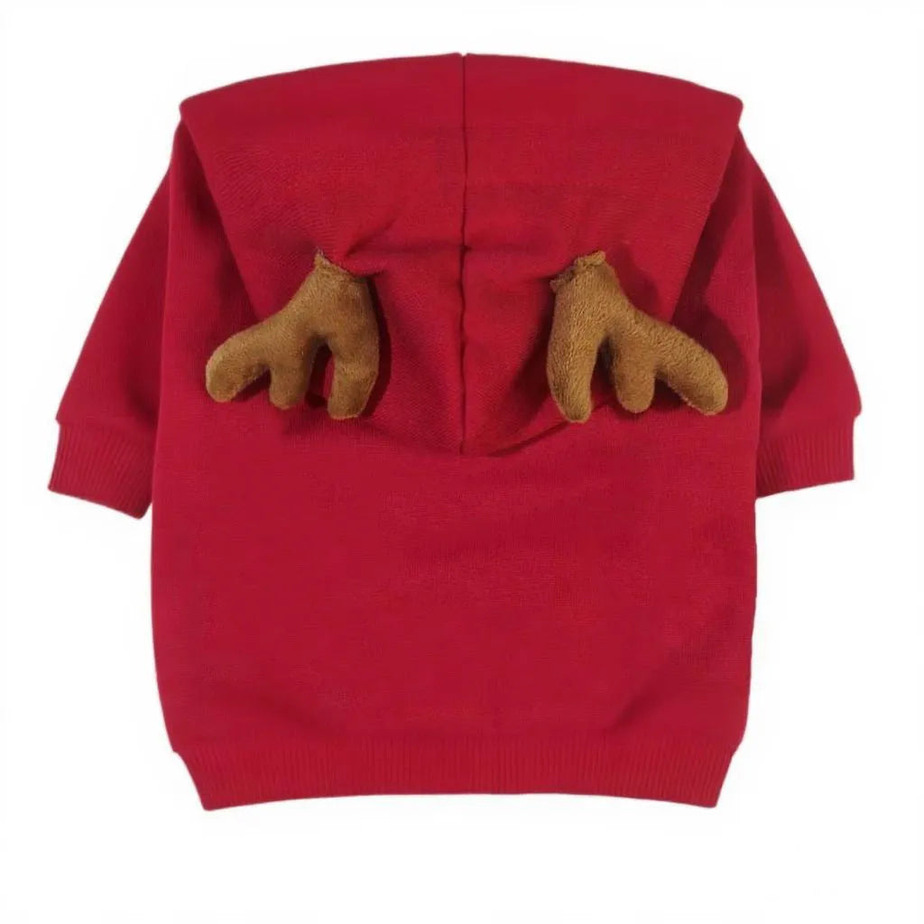Red polyester cotton elk-themed pet costume for Halloween or Christmas, available in multiple sizes