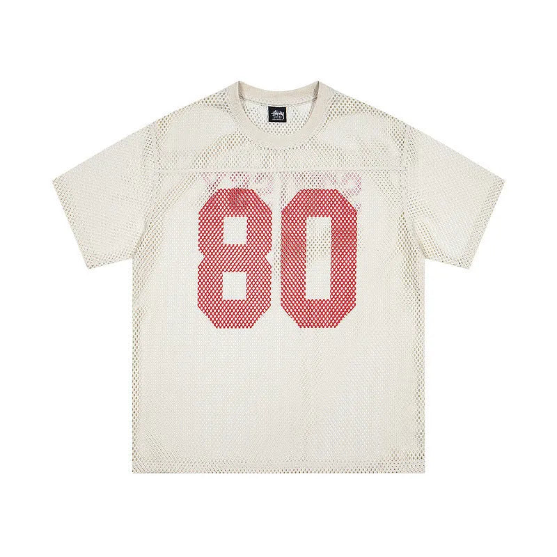 Cotton sports jersey letter print short sleeve pullover in black, loose fit, front view