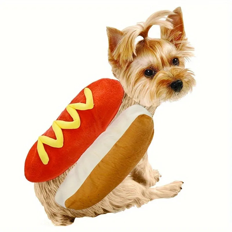 Brown and beige stuffed hot dog costume on a small dog, showing S M L sizes for pet parties.