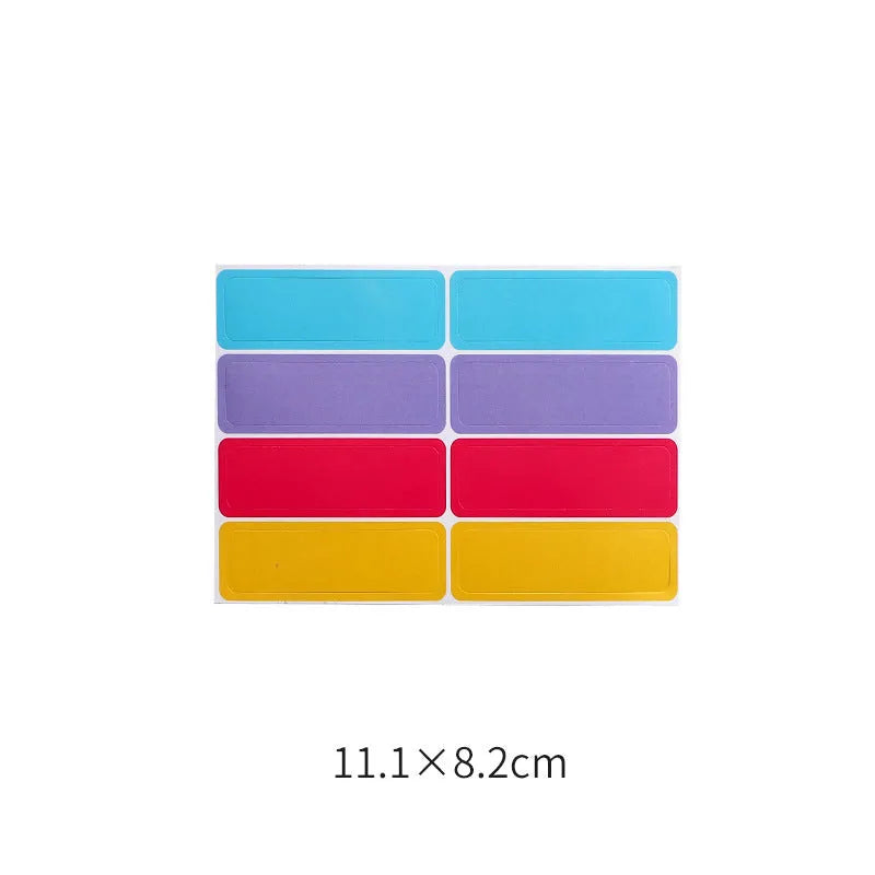 Handwritten label indicating adhesive stickers in white with multiple grid formats and colour options