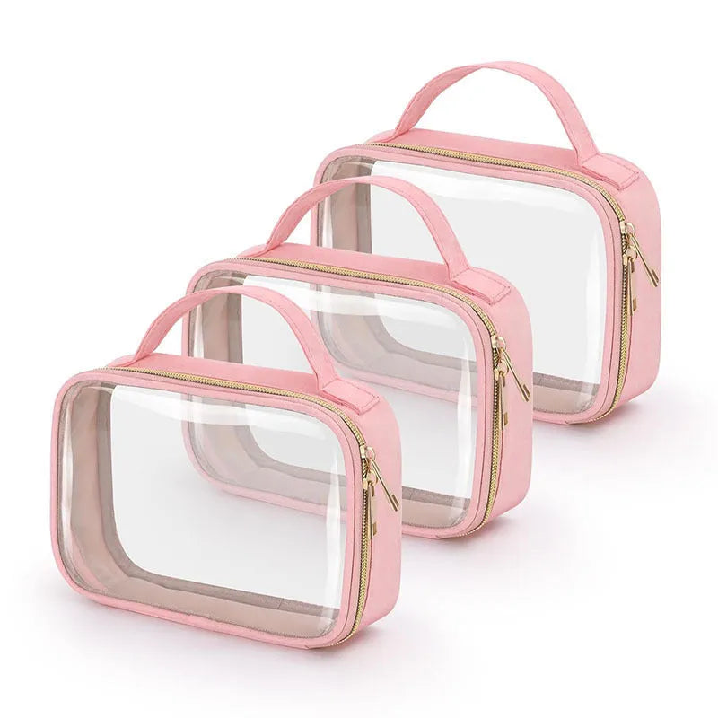 Clear PVC wash bag with chain handle for lipstick storage, shown in leopard print colour.
