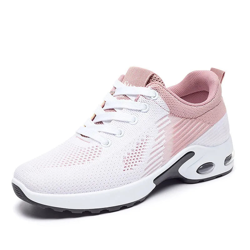 Women's Flyknit casual running shoes in a stripe pattern, showing front lace-up and round toe design.