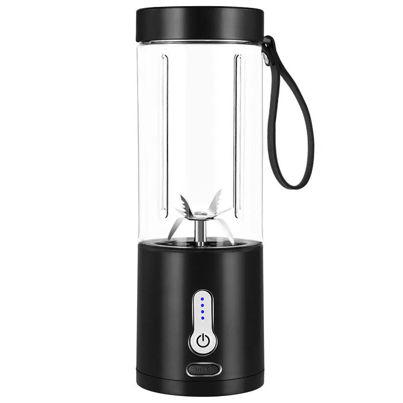Black rechargeable portable juicer with USB charging port, 530ml capacity, and PC food grade plastic liner