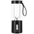 Black rechargeable portable juicer with USB charging port, 530ml capacity, and PC food grade plastic liner