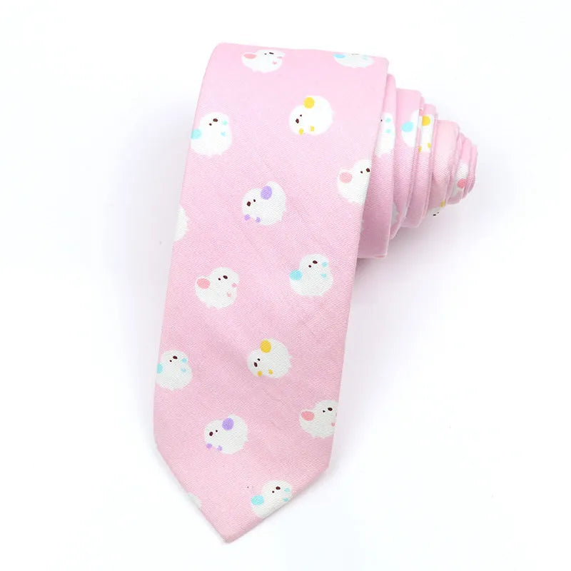 Narrow cotton bow tie with a printed cartoon pattern in a selection of colours.
