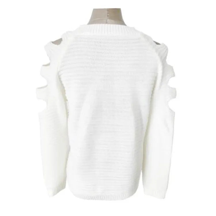 Women's solid colour knitted shirt with crocheted hollow-out long sleeves and round neck.