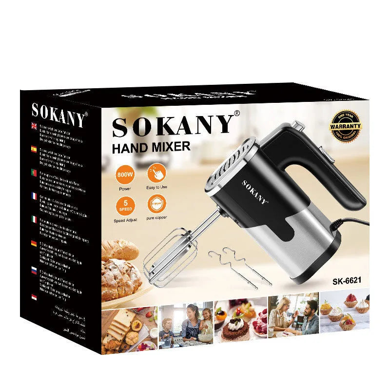 Cross-Border 6621 800W handheld mixer in black with stainless steel whisk on white background
