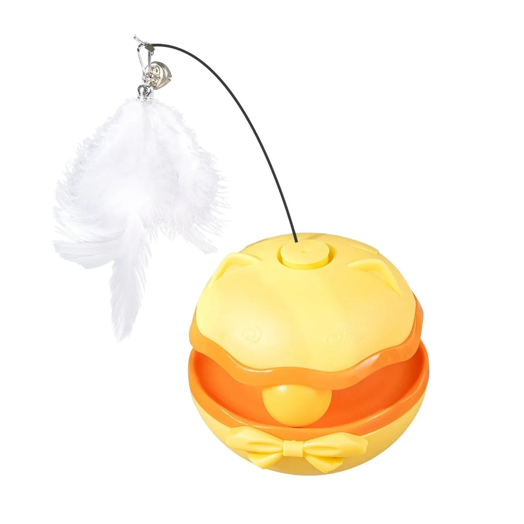 Electric cat tumbler teaser toy in lemon yellow colour on a hardwood floor.