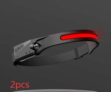 COB LED induction headlamp with wide beam and side LED for long-distance lighting, USB rechargeable, silicone build