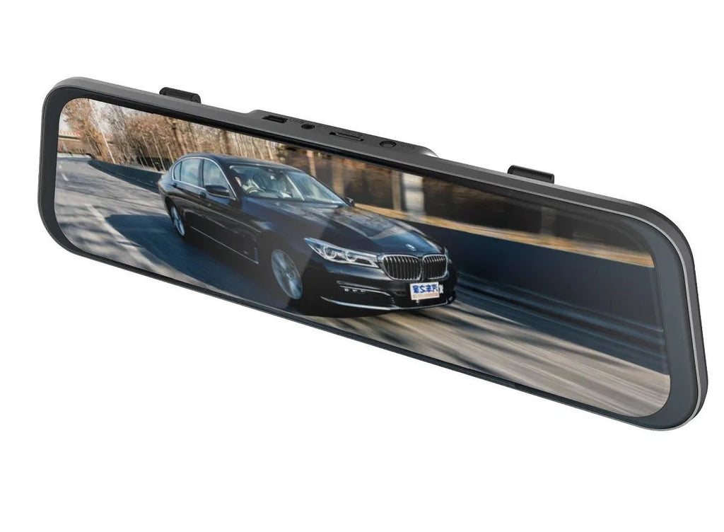 Black rearview mirror driving recorder with large touchscreen display mounted in a car
