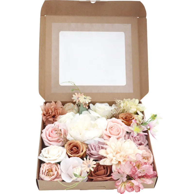 Lotus Pink Champagne rose silk flower box wedding gift bouquet in box