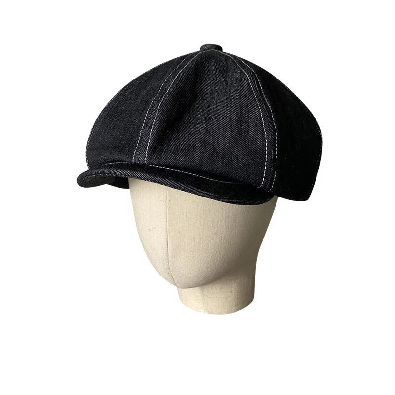 Black Japanese denim cotton beret hat with retro octagonal design