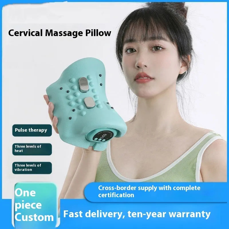 Blue-green cervical massage pillow with EMS, heat, and vibration functions for neck and shoulder relief