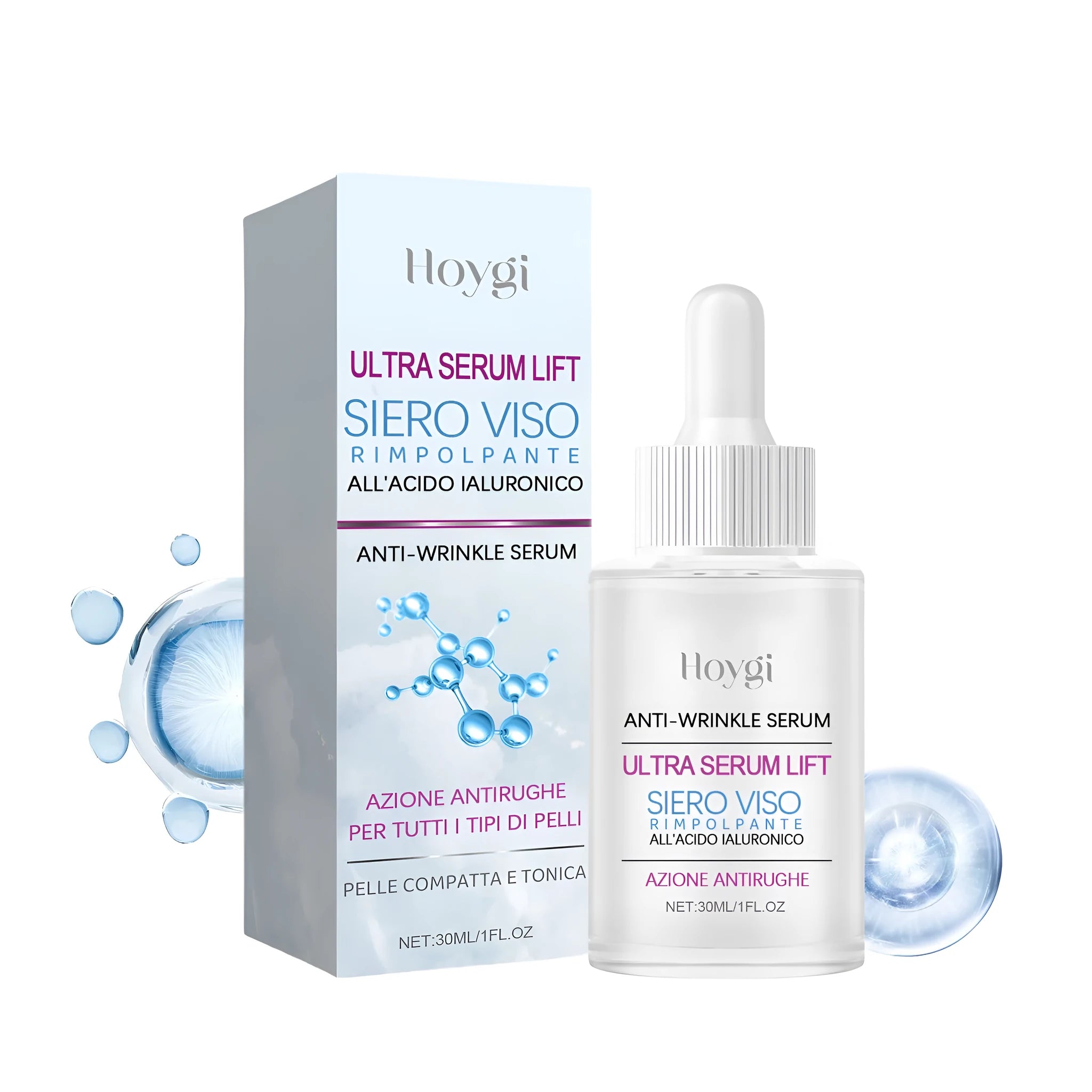 30ml bottle of clear hyaluronic acid anti-wrinkle facial serum with glycerin formula