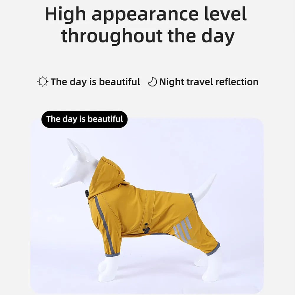 Waterproof dog raincoat with reflective strips, hood, and four-leg design for small medium dogs