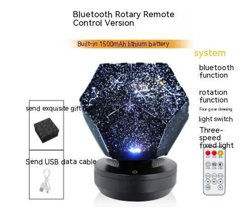 LED starry sky projector showing constellation projection on bedroom ceiling with remote control