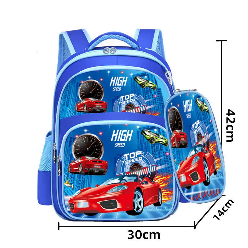 Blue children's school backpack with anime cartoon printing showing front pocket and shoulder straps