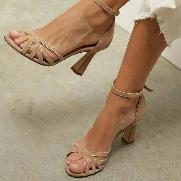 Apricot suede women's high heel sandals with peep toe and bag heel on a rubber sole.