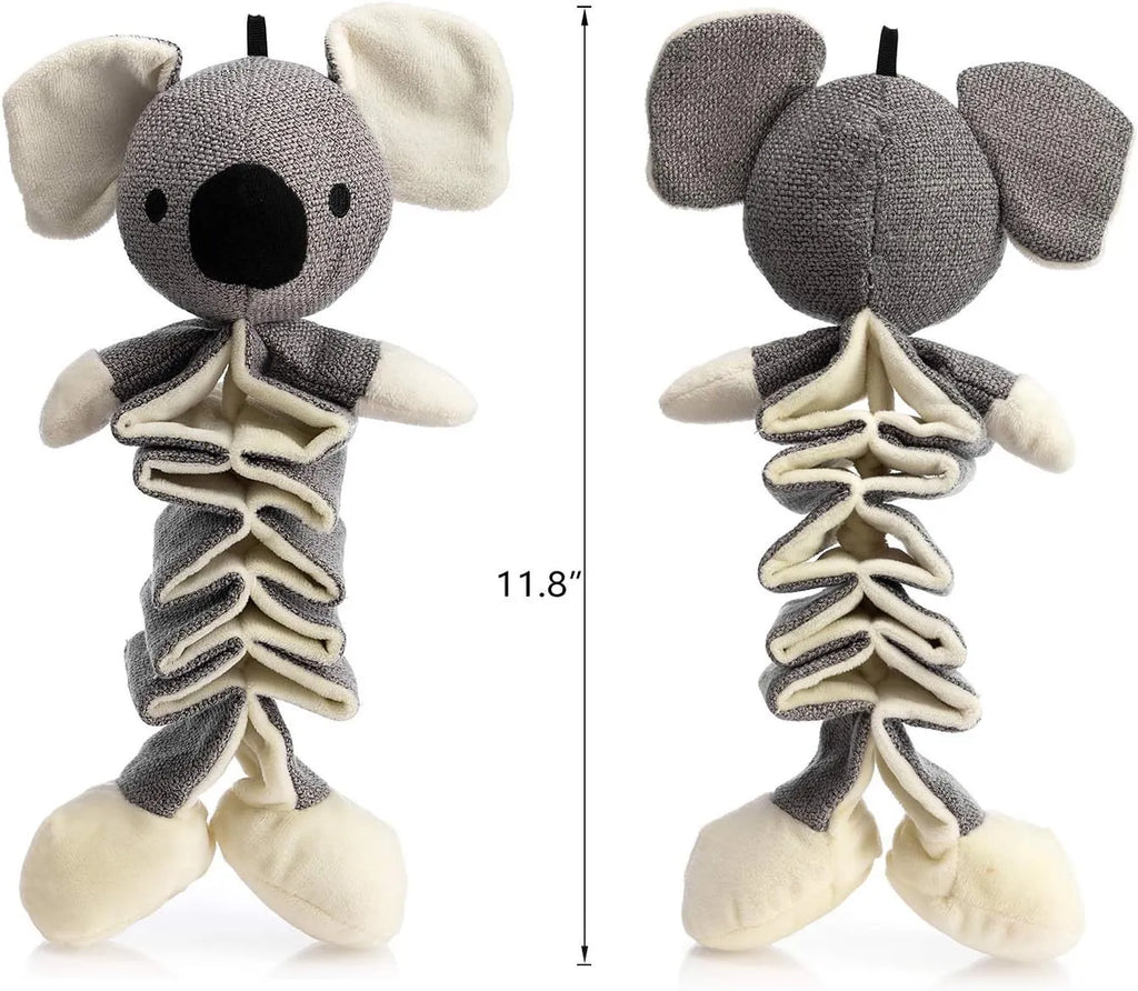 Grey koala plush dog toy measuring 30cm with visible stitching and plush limbs.