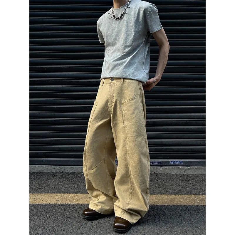 Men's khaki coloured straight-leg cotton casual trousers laid flat