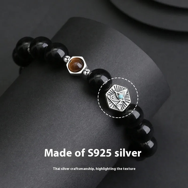 Men's God's Eye obsidian bracelet in S925 sterling silver with 8mm geometric beads