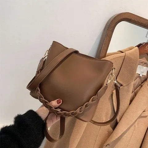 Retro woven pattern crossbody bucket bag with adjustable strap in khaki colour