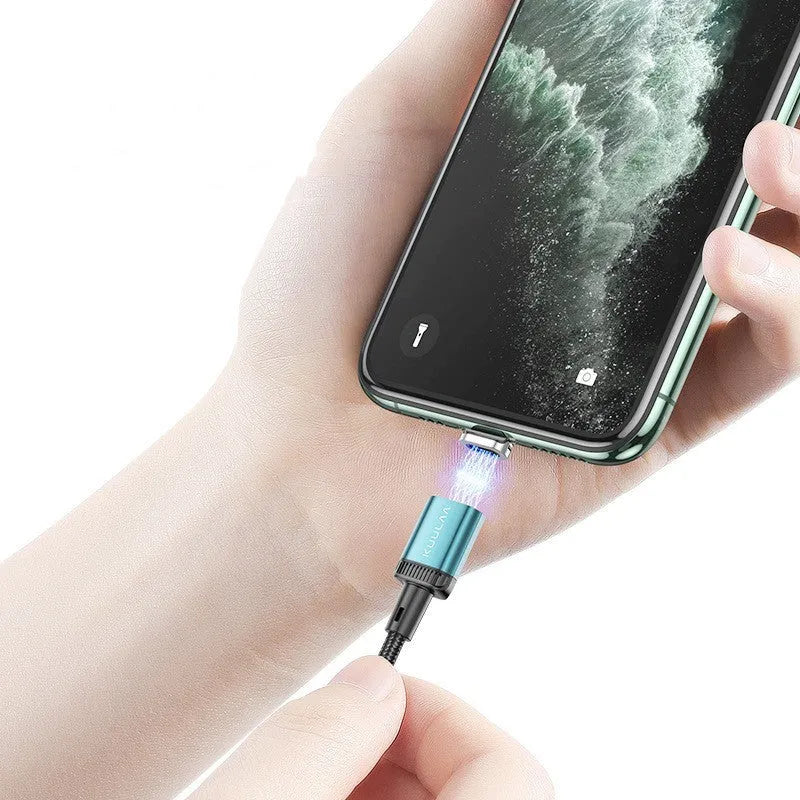 3-in-1 magnetic absorption data line with woven cable, aluminium alloy ends, Lightning Micro USB TYPE-C ports, black