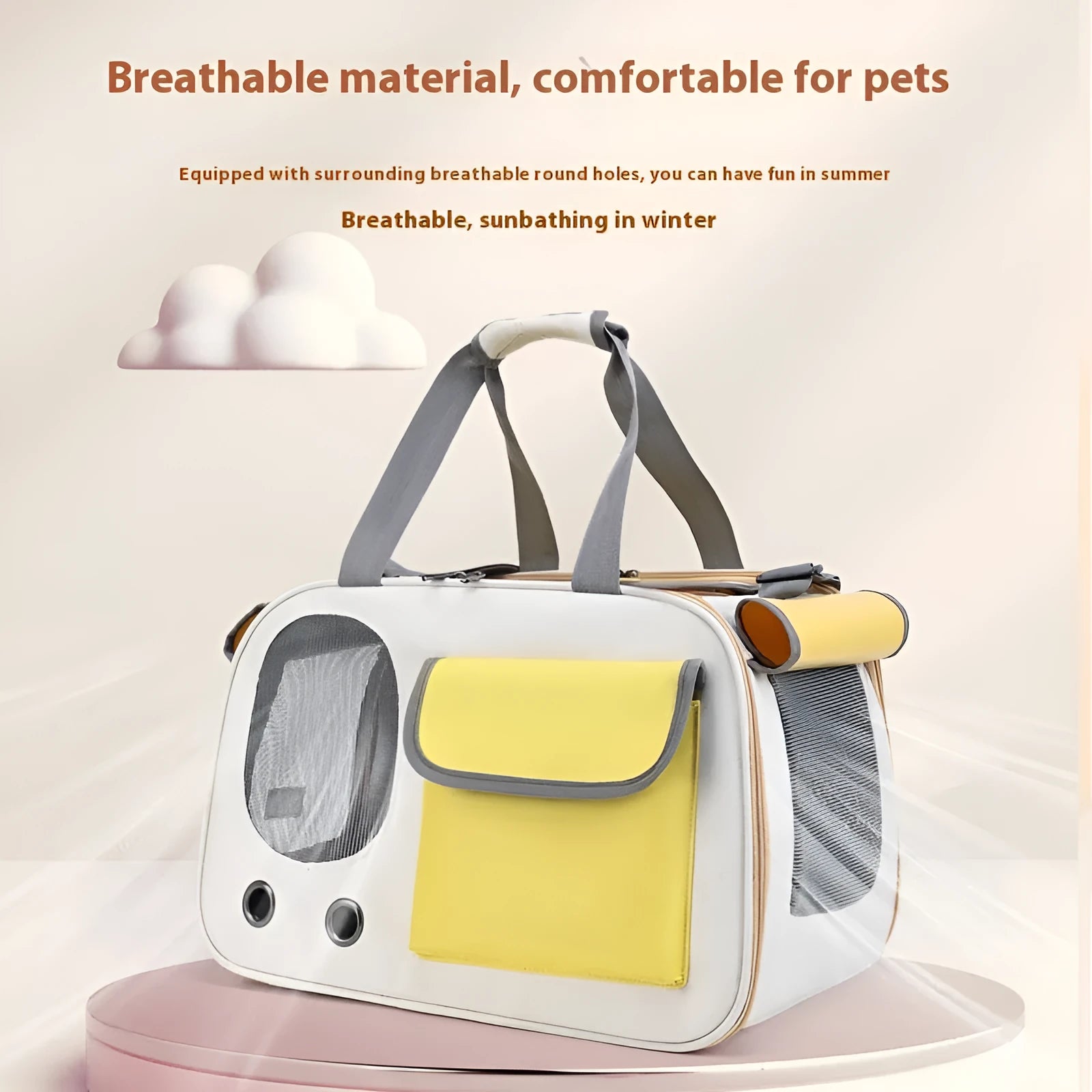 Foldable single shoulder pet carrier bag in canvas material showing large capacity design