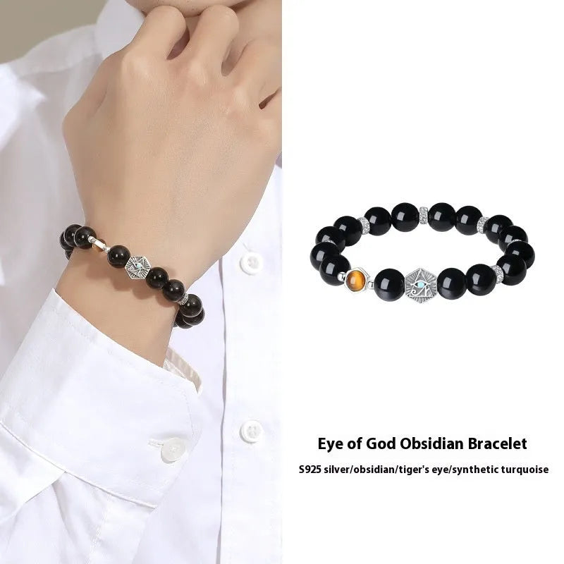 Men's God's Eye obsidian bracelet in S925 sterling silver with 8mm geometric beads