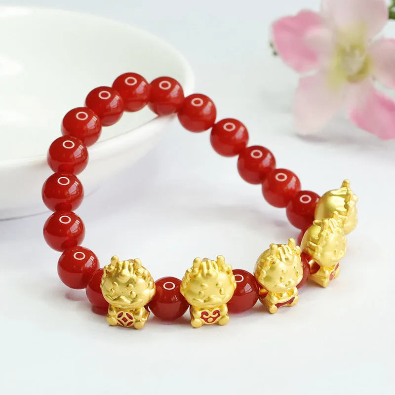 Natural red agate bracelet with Five Blessing Dragon design measuring 8mm diameter