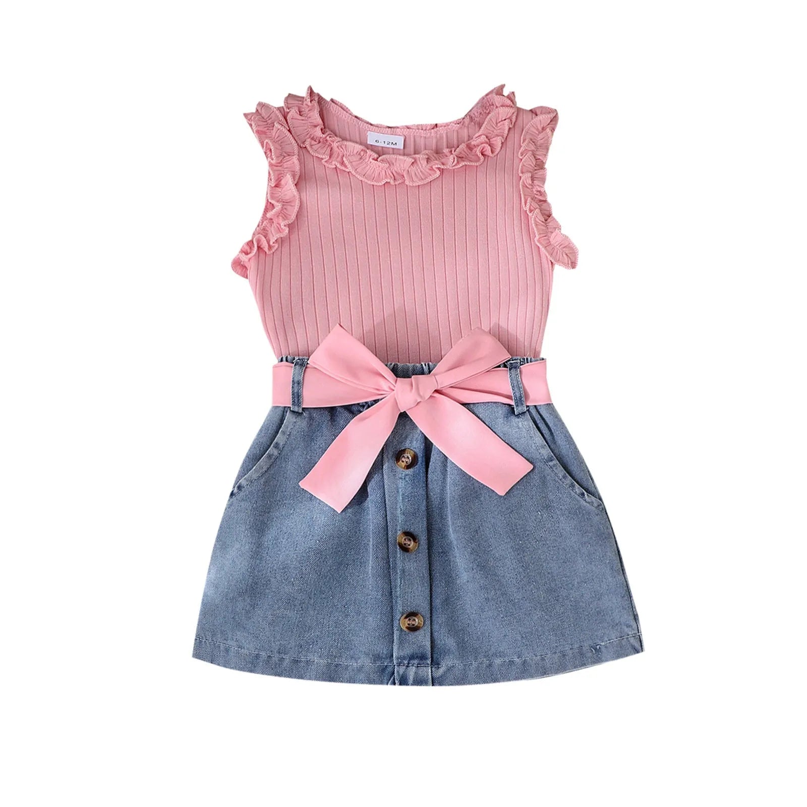 Girls cotton skirt suit three-piece set in solid colour pink with matching belt