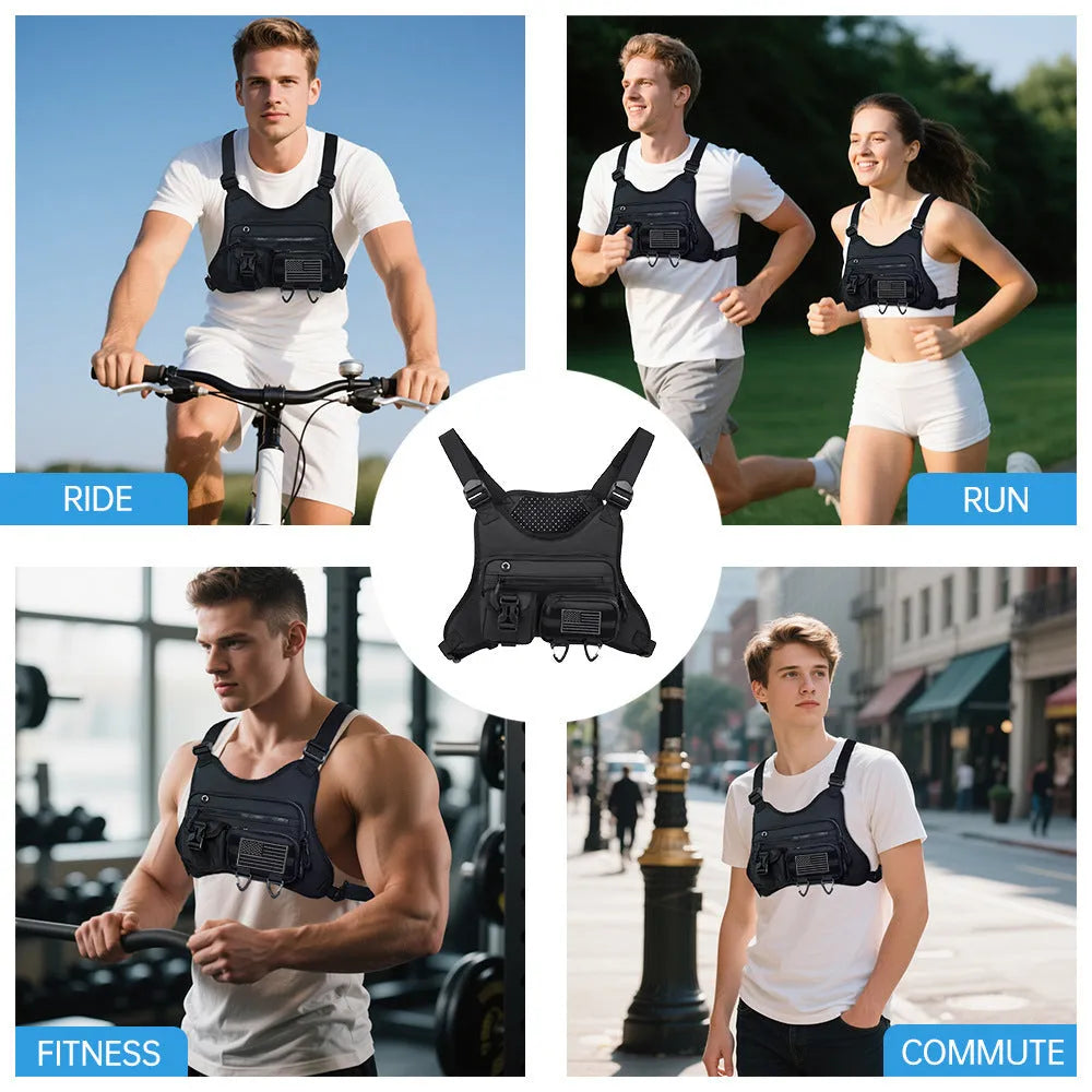 Oxford cloth chest bag with vest design in black, gray, or blue for outdoor sports