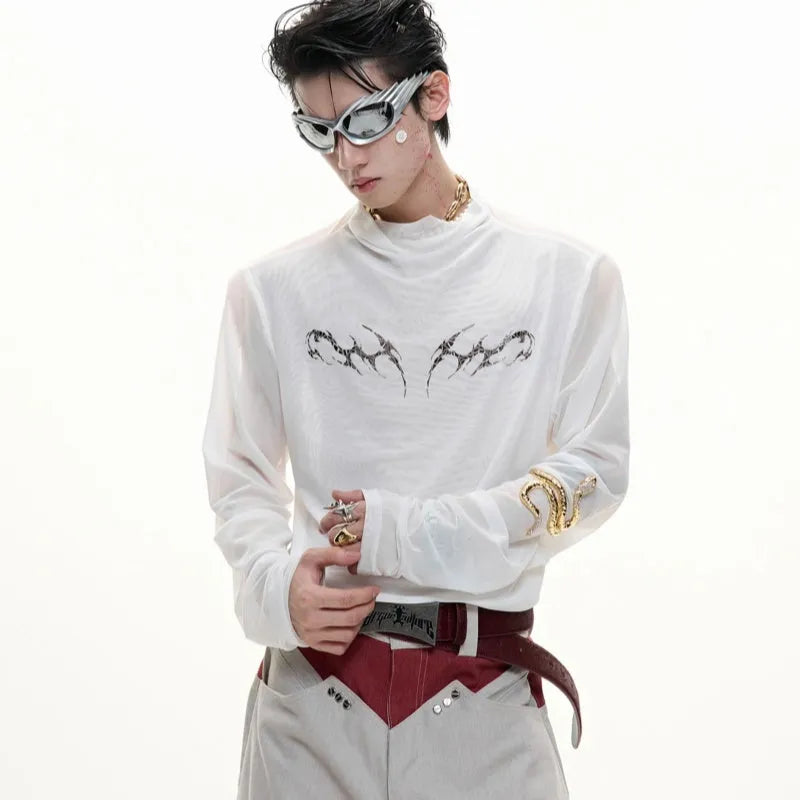 Niche mesh ice-feeling slim bottoming shirt with long sleeves in trendy style, showing fabric texture and fit
