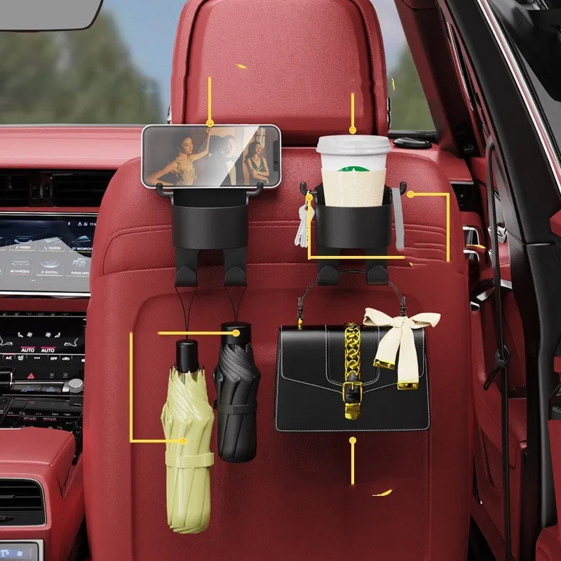 Black plastic car seat back organiser hook with cup holder showing dimensions