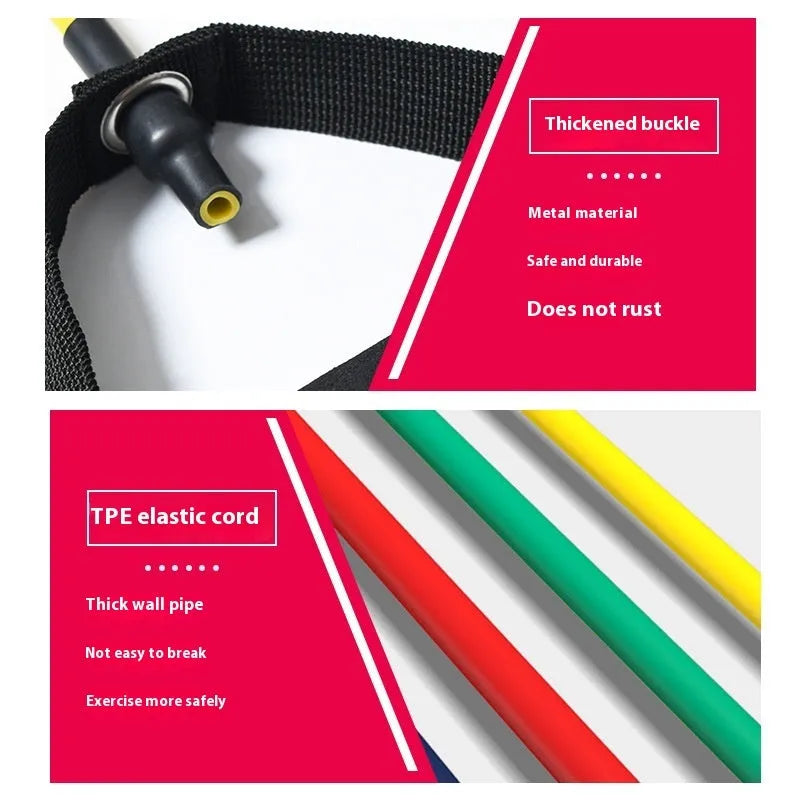 Adjustable chest expander with coloured TPE resistance ropes showing five tension levels from 10LB to 30LB