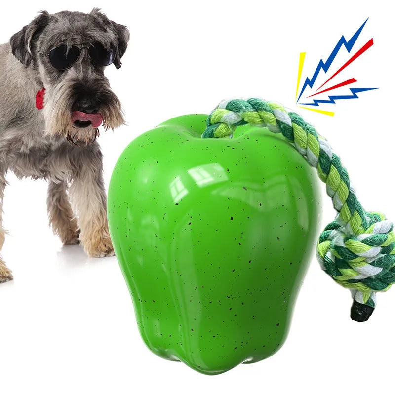 Green apple-shaped dog dropping ball toy for molar cleaning