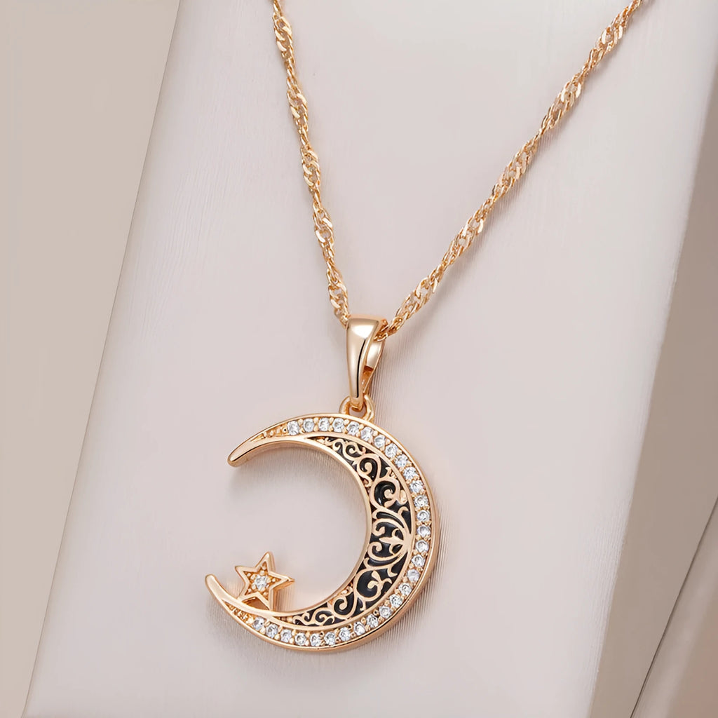 Rose gold star moon necklace with enamel zircon pendant on water wave chain