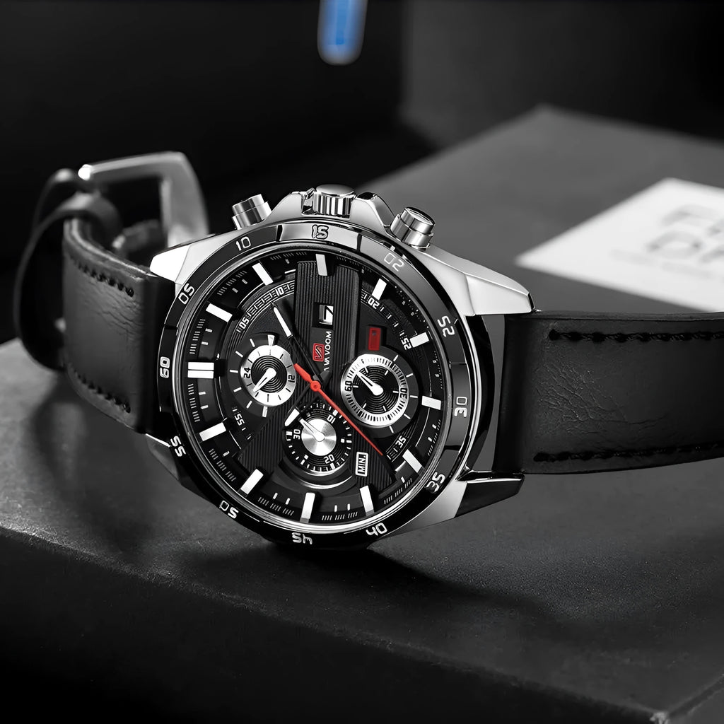 Men's waterproof quartz watch with calendar display and decorative metal casing