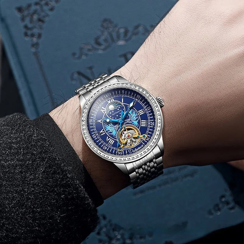 Men's mechanical waterproof watch with transparent case back showing movement and stainless steel butterfly buckle