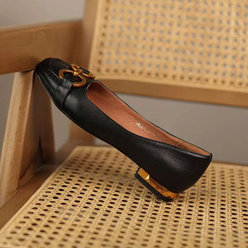 Women's black Wanwan Lei style square toe low heel pumps with shallow mouth and elasticated heel tab.